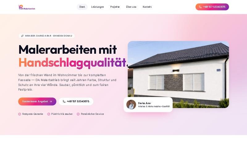 Startseite von DA Malerbetrieb mit Überschrift Malerarbeiten mit Handschlagqualität und Foto eines gestrichenen Hauses